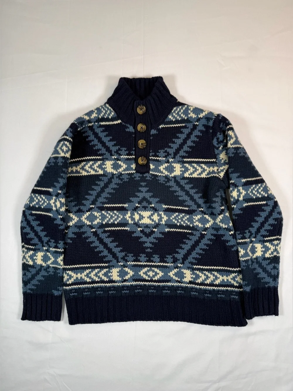 COTTON RYE Boys Shawl Collar Button Neck Fair Isle Sweater Size L 10 Cabin Cozy